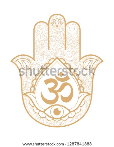 Indian hand Hamsa or hand of Fatima with third eye and logo Om. Hand drawn