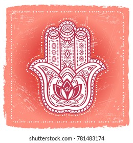 Indian hand hamsa on ethnic background. Ornate amulet for prints and posters