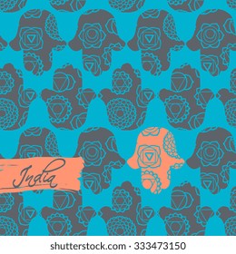 Indian Hand with symbols. Vector seamless pattern