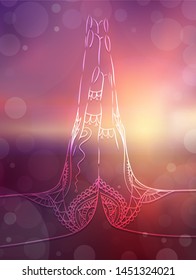 Indian hands in mehendi in yoga meditation gesture on blurred ocean landscape. Namaste mudra on sunset background. Calm and peace. Vector card for your creativity