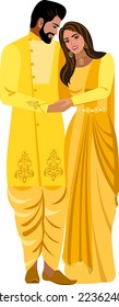 Indian happy couple bride and groom in smart bright yellow clothes Vector