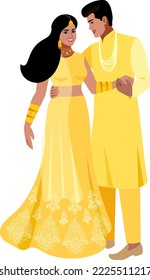 Indian happy couple in golden color wedding suits with jewelry Vector