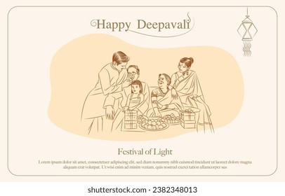 indian happy family celebrating diwali festival line drawing