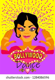 Indian Happy Girl.Bollywood Dance And Indian Folk Dance Class.Banner Or Poster In Retro Style.Vector Illustration. Clipart.