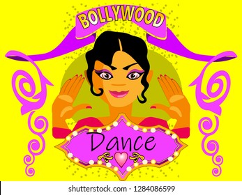 Indian Happy Girl.Bollywood Dance And Indian Folk Dance Class.Banner Or Poster In Retro Style.Vector Illustration. Clipart.