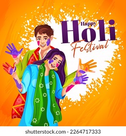 Indian Happy Holi festival attractive background design. Indian couple wearing ethnic costumes celebrating Holi showing their colored hands isolated over grunge background. Vector illustration design.