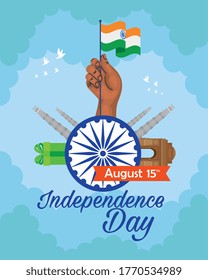indian happy independence day, celebration 15 august, with ashoka chakra and traditional monuments vector illustration design