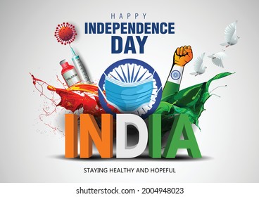 Indian Happy Independence Day Celebrations With Stylish 3d India Text And Ashoka Wheel. Covid-19 Corona Virus Concept