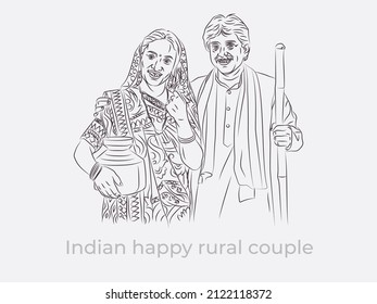 Indian happy rural couple, daily lifestyle in rural village line art illustration