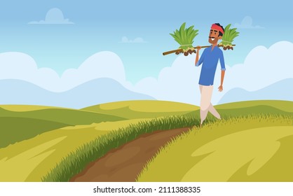 Indian harvesting background. Rural farmer working in field nature people agriculture colored template exact vector illustration