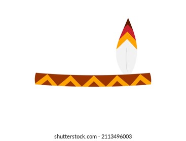 Indian hat with feathers costume accessory icon isolated on white background. Ornate indian traditional headdrees with one feather. Flat design cartoon vector clip art illustration.