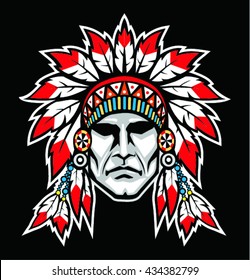 Indian head mascot. Native american indian with headdress.