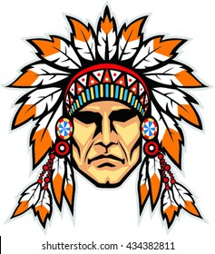 Indian head mascot. Native american indian with headdress.