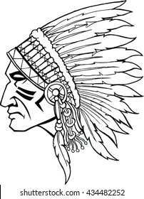 Indian Head Mascot. Native American Indian With Headdress.