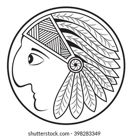 Indian Head. Profile. The traditional headdress of feathers. Caricature. Symbol, sign, logo element. Vector Image.