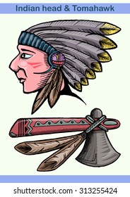 Indian head and tomahawk hand draw cartoon illustration isolated