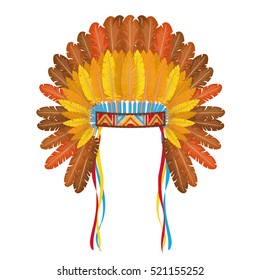 Indian Headdress with feathers isolated on white background. Vector illustration of Sioux.