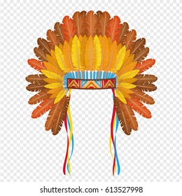 Indian Headdress with feathers isolated on transparent background. Vector illustration of Sioux.