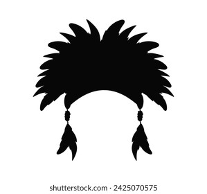 Indian headdress with feathers silhouette. Apache ethnic hat for war and ritual culture with tribal elements and traditional vintage vector embroidery