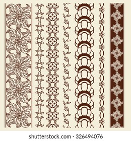 Indian Henna Border decoration elements patterns in brown colors. Popular ethnic border in one mega pack set collections. Vector illustrations.Could be used as divider, frame, etc