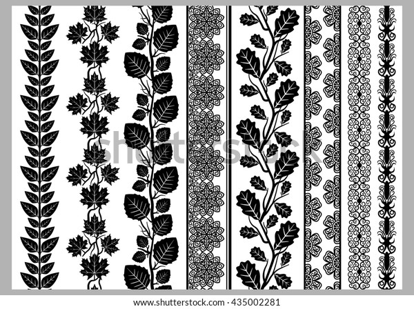 インドのヘナの飾りのエレメントが白黒の模様です レースの縁 垂直ベクターシームレスレースのパターン 自然なパターン 花柄 ベクターイラスト のベクター画像素材 ロイヤリティフリー