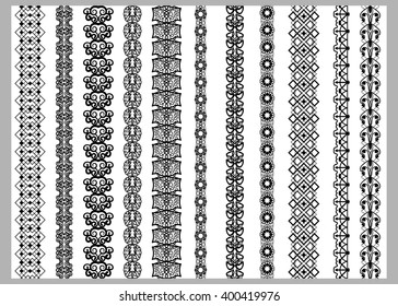 Indian Henna seamless  border decoration elements patterns in black and white colors. Popular ethnic border in one mega pack set collections. Vector illustrations.Could be used as divider, frame, etc