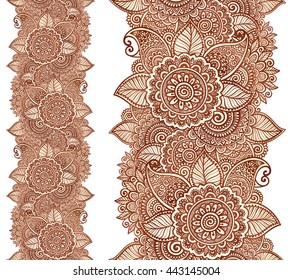 Indian Henna Tattoo Style Vector Floral Vertical Seamless Line Pattern