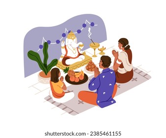 Indian Hindu family praying to Ganesha deity. Religious prayers in India, traditional deity worship on holiday. Hinduism religion concept. Flat graphic vector illustration isolated on white background