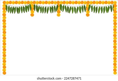 Indian Hindu festival, door decorative elements, Marigold flower hanging garland, green leaves yellow and orange flowers