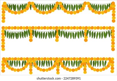 Indian Hindu festival set of marigold flowers decorative elements garland