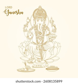 Indian hindu goddess decorative ganesha sitting on beautiful lotus lineart sketch
