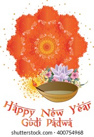 Indian Hindu holiday vector illustration with oil lamp. Indian New Year - Gudi Padwa