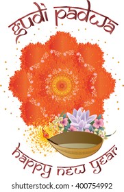 Indian Hindu holiday vector illustration with oil lamp. Indian New Year - Gudi Padwa