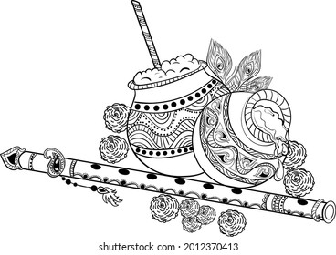 Indian Hinduism festival of Lord Krishna birh "Krishna Janmastmi" black and white line drawing clip art illustration. Indian music instrument flute and makkhan-matki line art with peacock feather.
