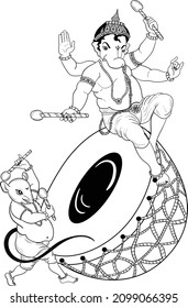 Indian hinduism god Ganesha is seated on a nagada and his mouse (mushak) plays the nagada.Vector black and white clip art illustration. Indian god Ganpati black and white line drawing wedding clip art