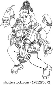 Indian Hinduism god lord Bherav black and white clip art on white isolated background. Indian traditional god painting line art drawing black and white clipart.