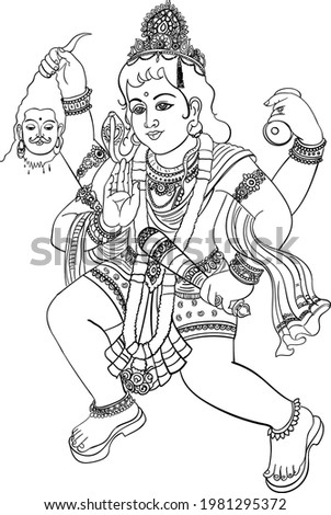 Indian Hinduism god lord Bherav black and white clip art on white isolated background. Indian traditional god painting line art drawing black and white clipart. Stock photo © 