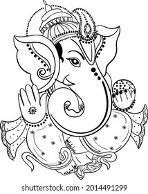 Indian Hinduism god lord Ganesha Vector black and white clip art illustration. Indian god Ganpati black and white line drawing wedding clip art and symbol.