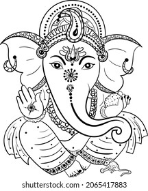 Indian Hinduism god lord Ganesha Vector black and white clip art illustration. Indian god Ganpati black and white line drawing wedding clip art and symbol.