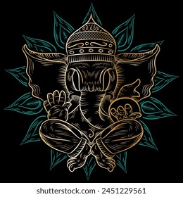 Indian Hinduism god lord Ganesha Vector black and white clip art illustration. Indian god Ganpati black and white line drawing wedding clip art and symbol.
