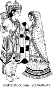Indian Hinduism god Lord Shri Ram   his wife Goddess Sita doing marriage vector line art varmala program  Traditional Indian god black   white wedding clip art illustration  