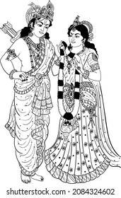 Indian Hinduism god Lord Shri Ram and his wife Goddess Sita doing marriage vector line art of varmala program. Traditional Indian god black and white wedding clip art illustration. 