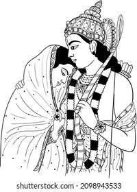 Indian Hinduism god Lord Shri Ram and his wife Goddess Sita doing marriage vector line art of varmala program. Traditional Indian god black and white wedding clip art illustration. 