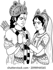 Indian Hinduism god Lord Shri Ram and his wife Goddess Sita doing marriage vector line art of varmala program. Traditional Indian god black and white wedding clip art illustration. 