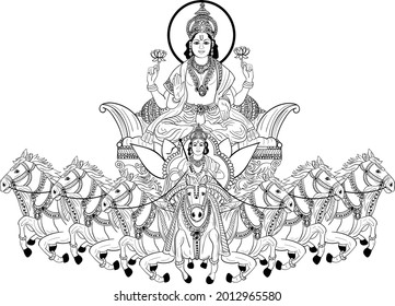 Indian Hinduism god Lord Surya or "Bhaskar Bhagwan" black and white clip art on seven horse chariot with charioteer Shakdwipiya brahmin god, lord Surya black and white drawing Indian wedding clip art 