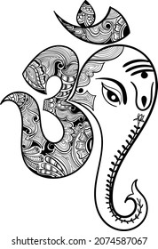  Indian hinduism and lord Shiva holy symbol OM and lord ganesha vector illustration artistic henna design with floral pattern and texture drawing black and white clip art