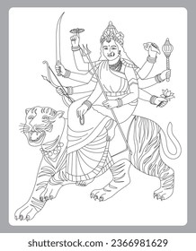 Indian Hinduism Shakti  Vector black and white clip art illustration. Indian Ambe Mataji black and white line drawing wedding clip art and symbol