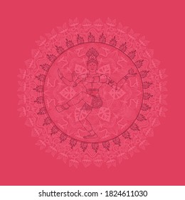 Indian Hinduism Shiva God with a Wheel of life, vector floral mandala line art illustration design in red.