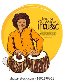 indian or Hindustani classical music instruments vector illustration. A man playing tabla 