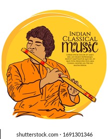 indian or Hindustani classical music instruments vector illustration. Indian man plays a wooden flute. 